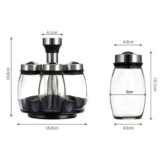 Glass Spice Jar Set with 360° Rotating Rack – Salt, Pepper & Seasoning Bottles for Kitchen Organization