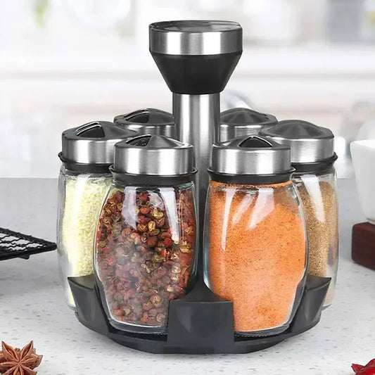 Glass Spice Jar Set with 360° Rotating Rack – Salt, Pepper & Seasoning Bottles for Kitchen Organization