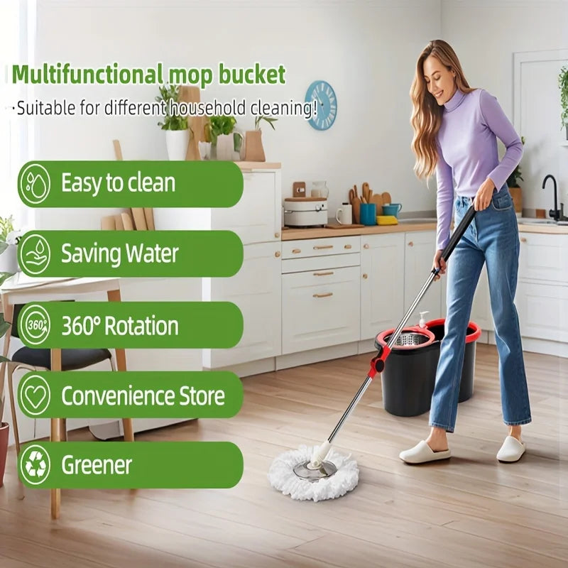 360° Spin Mop & Bucket System – Adjustable Stainless Steel Handle, 3 Microfiber Heads Included