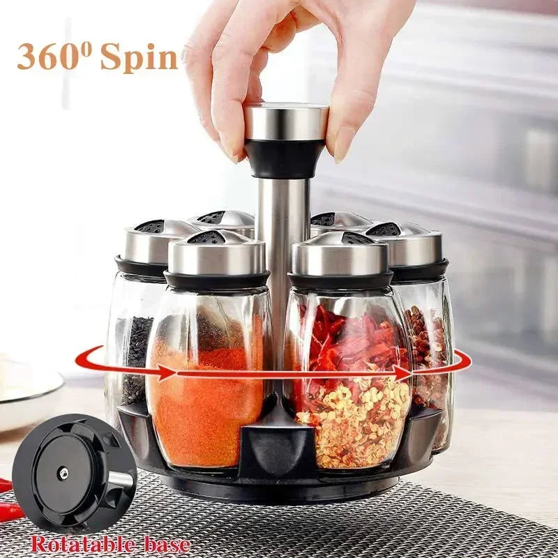 Glass Spice Jar Set with 360° Rotating Rack – Salt, Pepper & Seasoning Bottles for Kitchen Organization