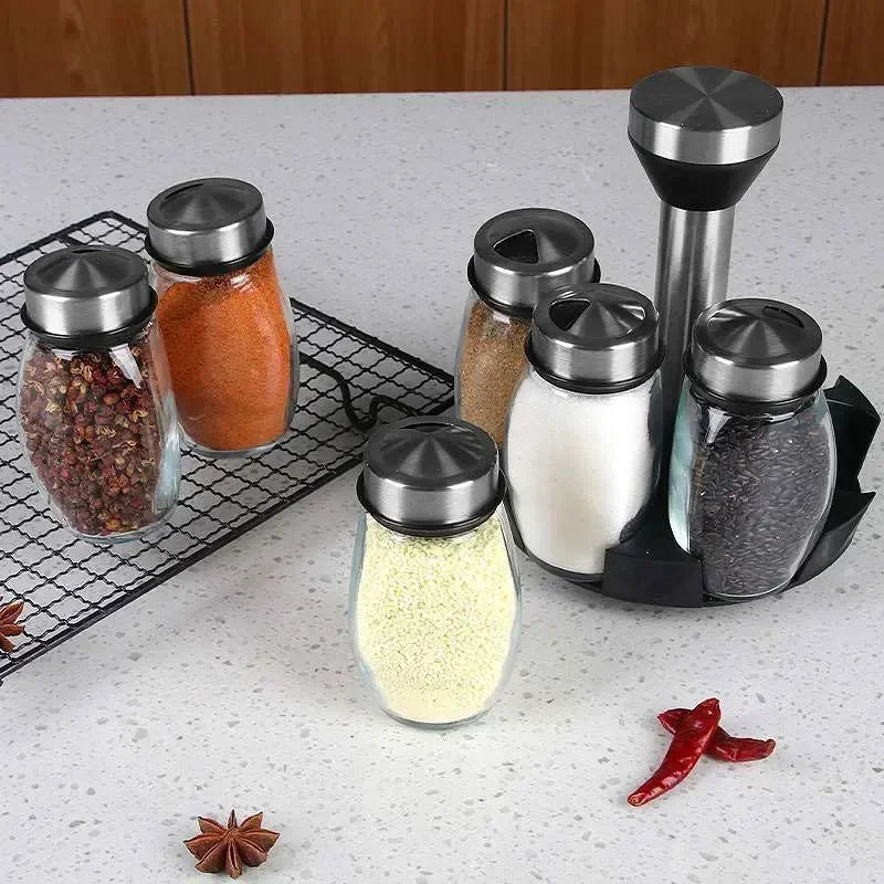 Glass Spice Jar Set with 360° Rotating Rack – Salt, Pepper & Seasoning Bottles for Kitchen Organization