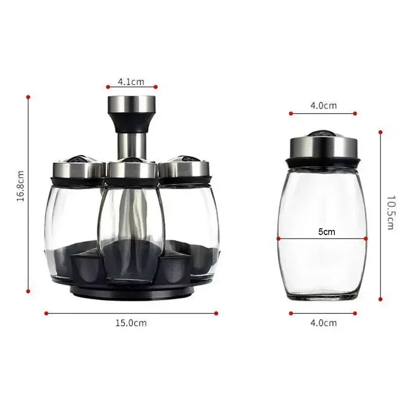 Glass Spice Jar Set with 360° Rotating Rack – Salt, Pepper & Seasoning Bottles for Kitchen Organization