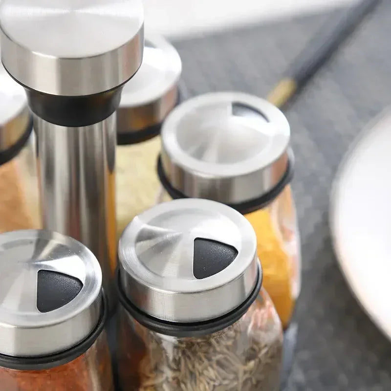 Glass Spice Jar Set with 360° Rotating Rack – Salt, Pepper & Seasoning Bottles for Kitchen Organization