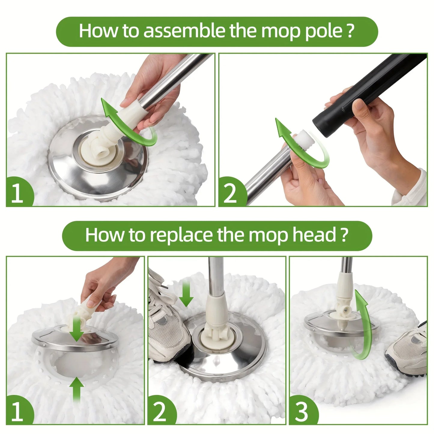 360° Spin Mop & Bucket System – Adjustable Stainless Steel Handle, 3 Microfiber Heads Included